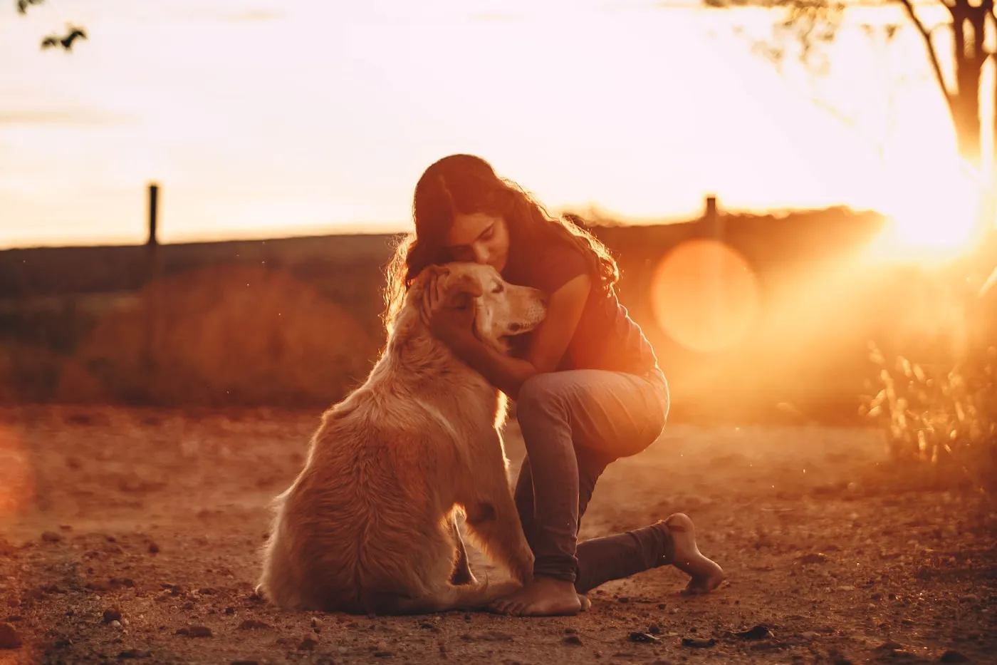 Una mujer acaricia a su perro agachada junto a él, a contraluz del atardecer